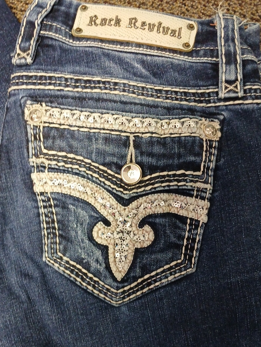 Rock Revival Women's Dark Blue Denim Jeans with Sequin Embellished Pocket